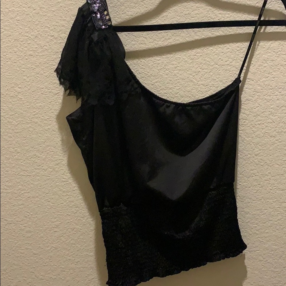 Black satin one shoulder top